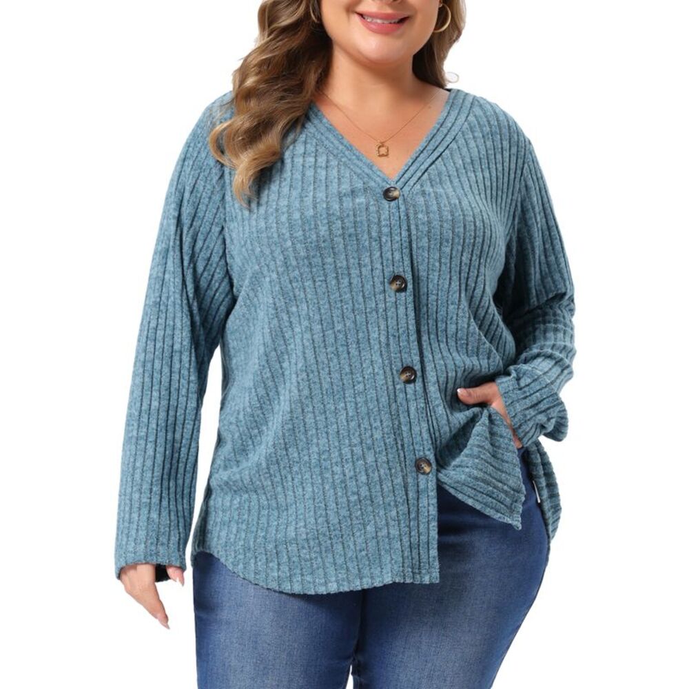 Women Plus Size V Neck Button Down Ribbed Knit Cardigan Gray Blue